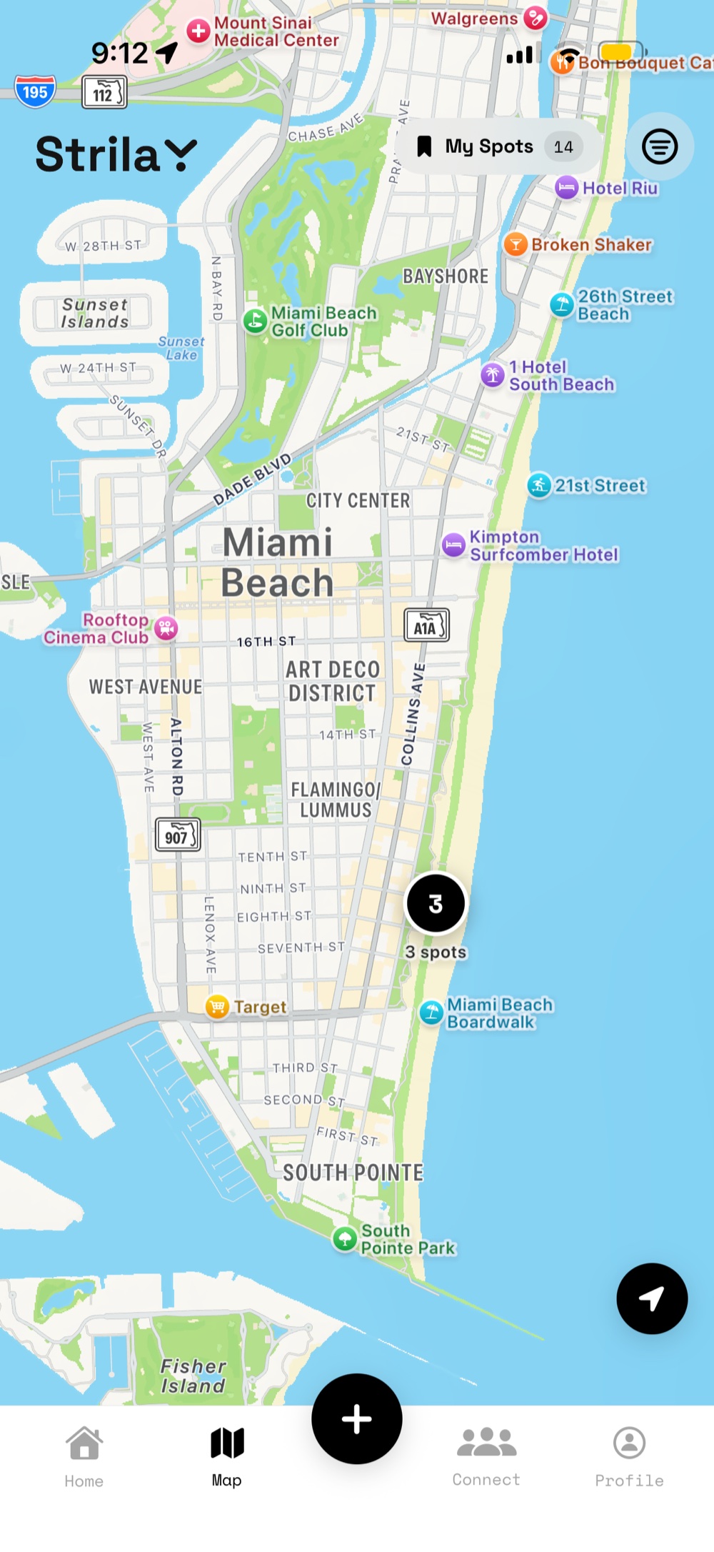 Strila map — workout spots around Miami Beach